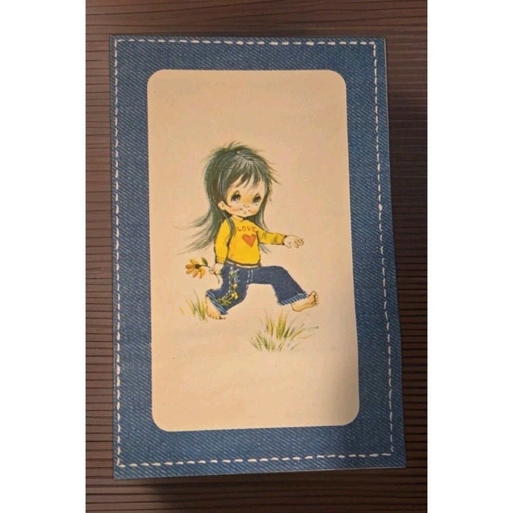 Vintage 1970s Big Eye Barefoot Girl Love Shirt Denim Border Card (1) Stationary